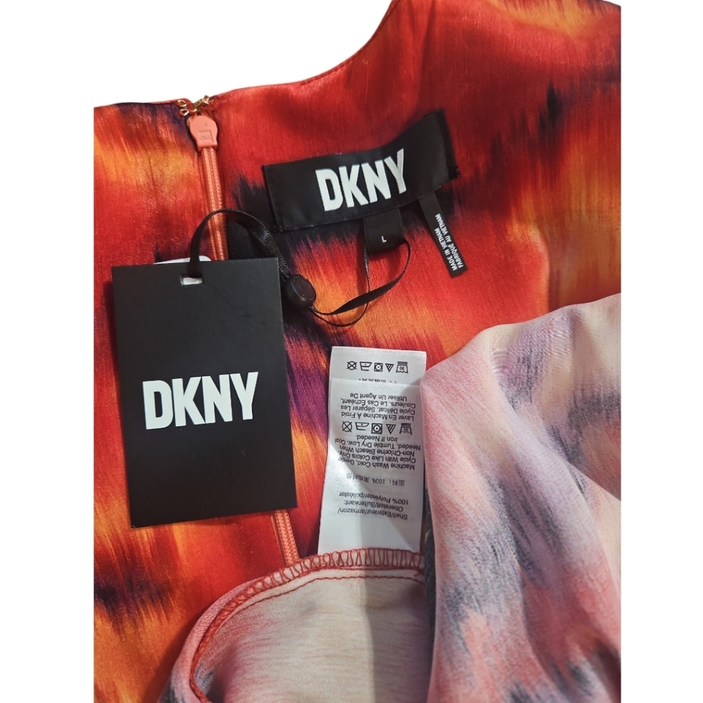 DKNY Printed Satin Midi Dress Red Orange Abstract Puff Sleeve L NWT - Picture 15 of 15
